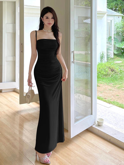 Simple Mermaid Spaghetti Strap Champagne With Ruffle Date Floor Length Night Birthday Outfit Formal Prom Dresses RB5469
