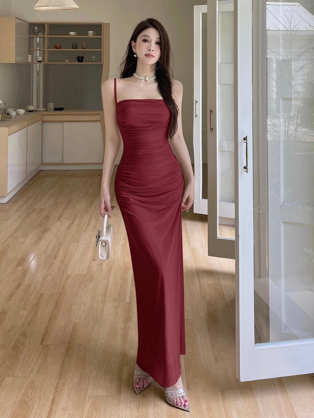 Simple Mermaid Spaghetti Strap Champagne With Ruffle Date Floor Length Night Birthday Outfit Formal Prom Dresses RB5469