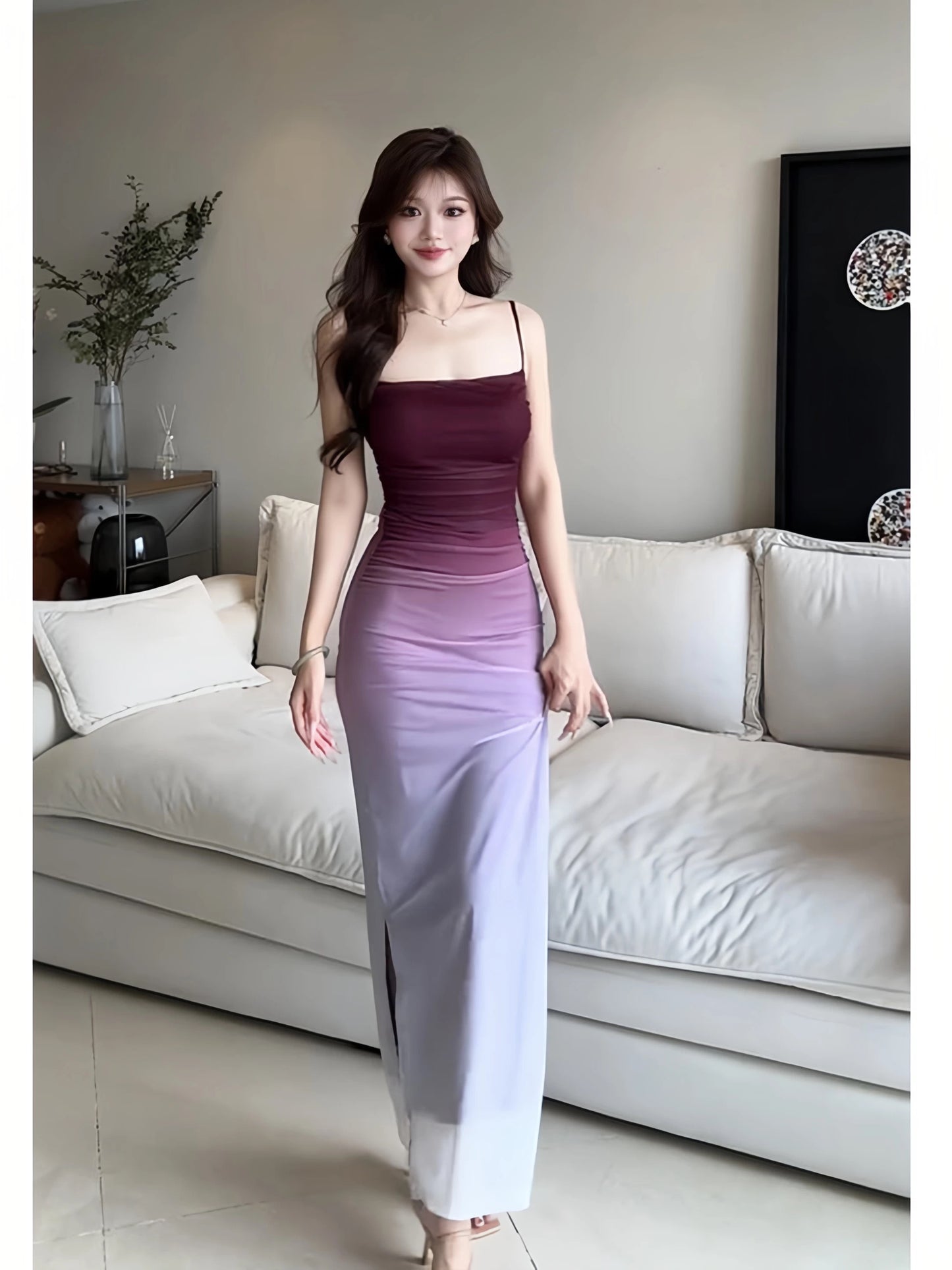 Stunning Mermaid Spaghetti Strap Burgundy Gradient Color Date With Ruffled Night Evening Outfit Formal Prom Dresses RB5470