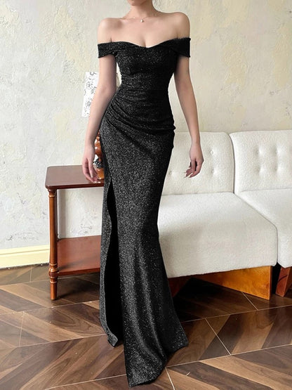 Simple Mermaid Off The Shoulder Black Sequined With Ruffle Date Long Night Birthday Outfit Formal Prom Dresses RB5472