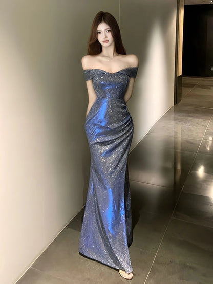 Simple Mermaid Off The Shoulder Black Sequined With Ruffle Date Long Night Birthday Outfit Formal Prom Dresses RB5472