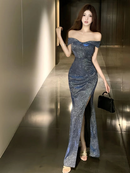 Simple Mermaid Off The Shoulder Black Sequined With Ruffle Date Long Night Birthday Outfit Formal Prom Dresses RB5472