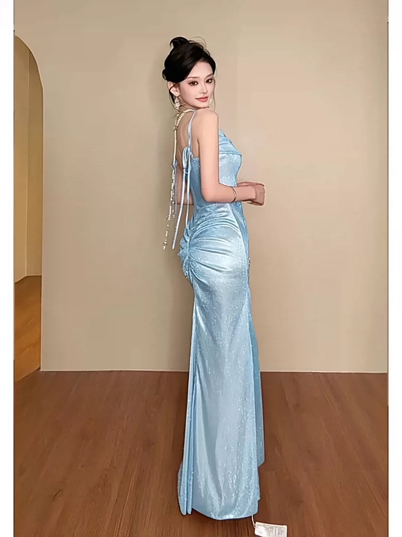 Modest Mermaid Spaghetti Strap Blue Sequin Date Floor Length Night Evening Outfits Formal Prom Dresses RB5473