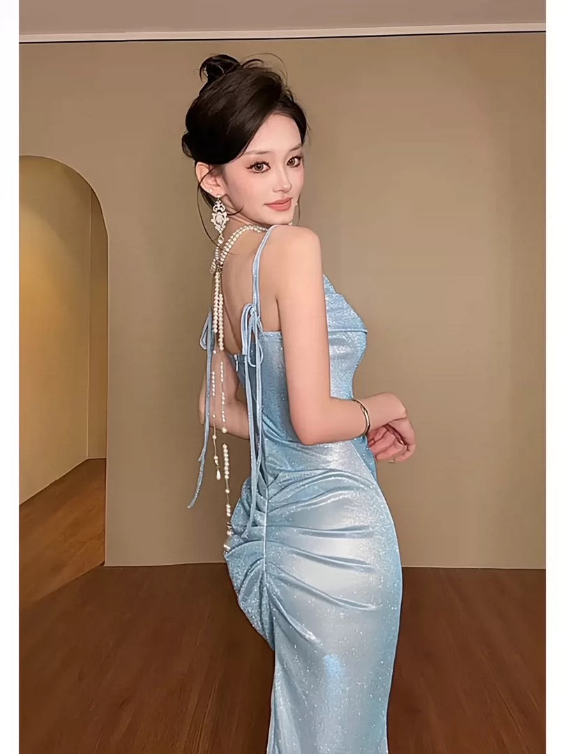 Modest Mermaid Spaghetti Strap Blue Sequin Date Floor Length Night Evening Outfits Formal Prom Dresses RB5473