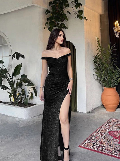 Simple Mermaid Off The Shoulder Black Sequined With Slit Date Long Night Birthday Outfit Formal Prom Dresses RB5474
