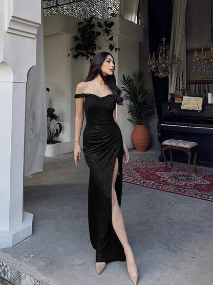 Simple Mermaid Off The Shoulder Black Sequined With Slit Date Long Night Birthday Outfit Formal Prom Dresses RB5474