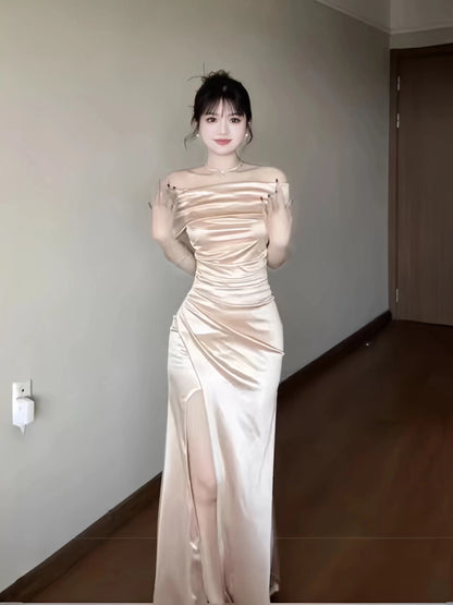 Simple Mermaid Off The Shoulder Navy Blue Satin With Ruffle Date Floor Length Night Birthday Outfit Formal Prom Dresses RB5480