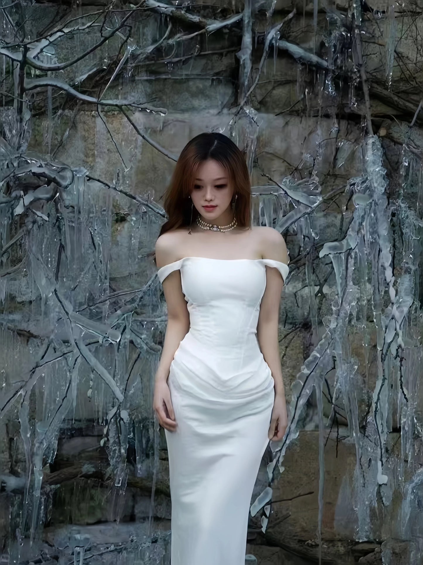 Modest Mermaid Off The Shoulder White Date Floor Length Night Evening Outfits Formal Prom Dresses RB5481