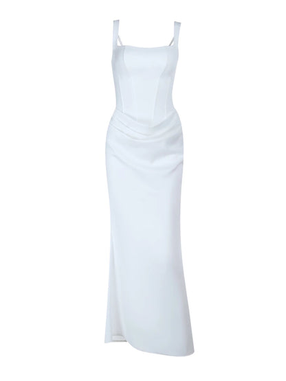 Simple Mermaid Square Neck White Satin With Ruffle Date Floor Length Night Birthday Outfit Formal Prom Dresses RB5478