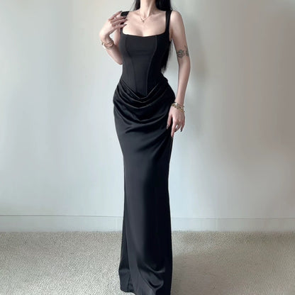 Simple Mermaid Square Neck White Satin With Ruffle Date Floor Length Night Birthday Outfit Formal Prom Dresses RB5478