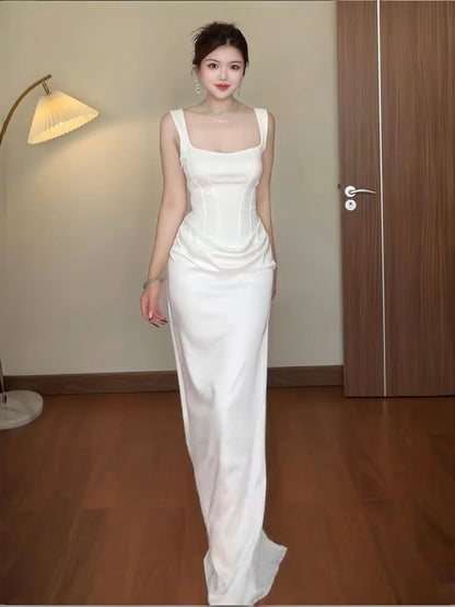Simple Mermaid Square Neck White Satin With Ruffle Date Floor Length Night Birthday Outfit Formal Prom Dresses RB5478