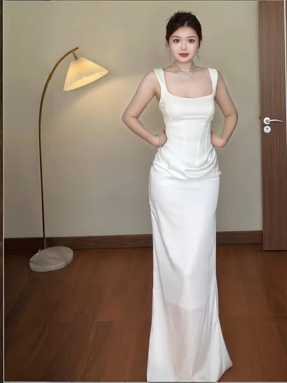 Simple Mermaid Square Neck White Satin With Ruffle Date Floor Length Night Birthday Outfit Formal Prom Dresses RB5478