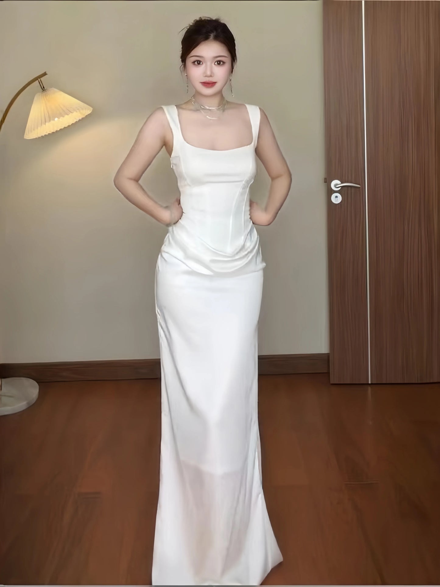 Simple Mermaid Square Neck White Satin With Ruffle Date Floor Length Night Birthday Outfit Formal Prom Dresses RB5478