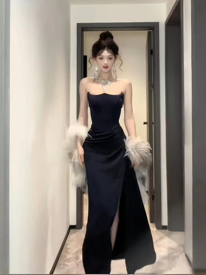Modest Mermaid Strapless Black Tie Dress Date With High Split Floor Length Night Evening Outfits Formal Prom Dresses RB5479