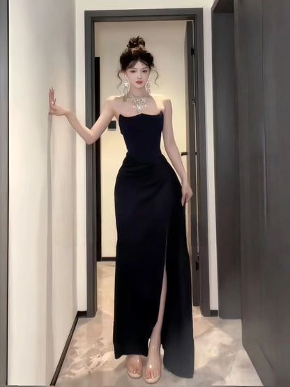Modest Mermaid Strapless Black Tie Dress Date With High Split Floor Length Night Evening Outfits Formal Prom Dresses RB5479