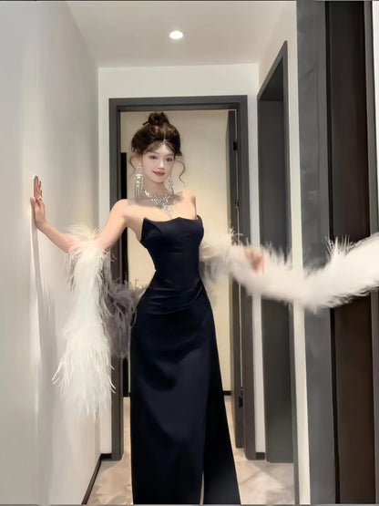 Modest Mermaid Strapless Black Tie Dress Date With High Split Floor Length Night Evening Outfits Formal Prom Dresses RB5479