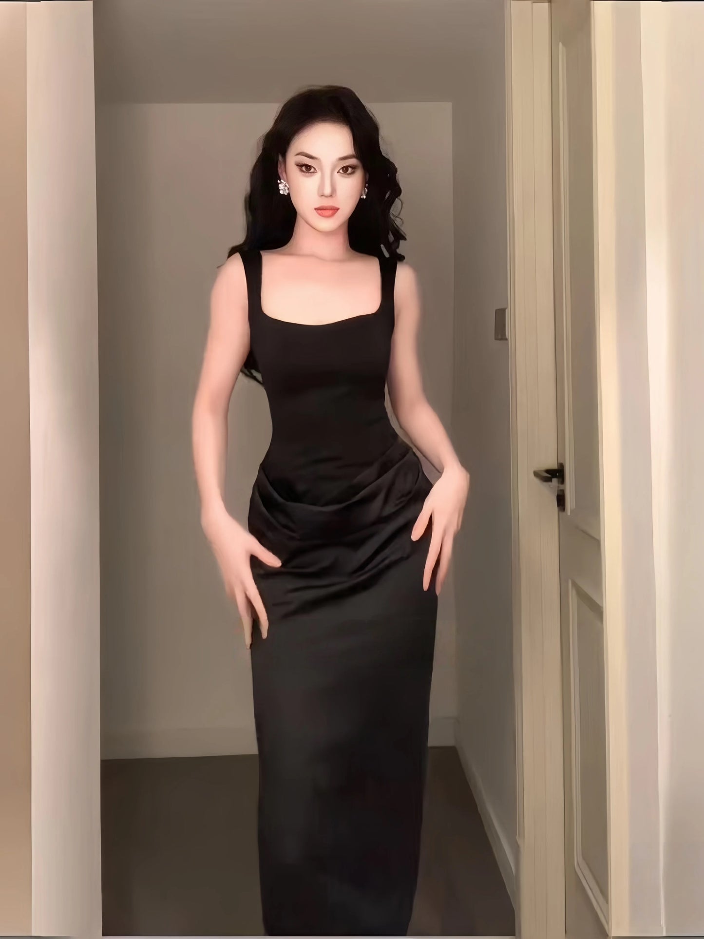 Simple Mermaid Square Neck Black Satin With Ruffle Date Floor Length Night Birthday Outfit Formal Prom Dresses RB5483