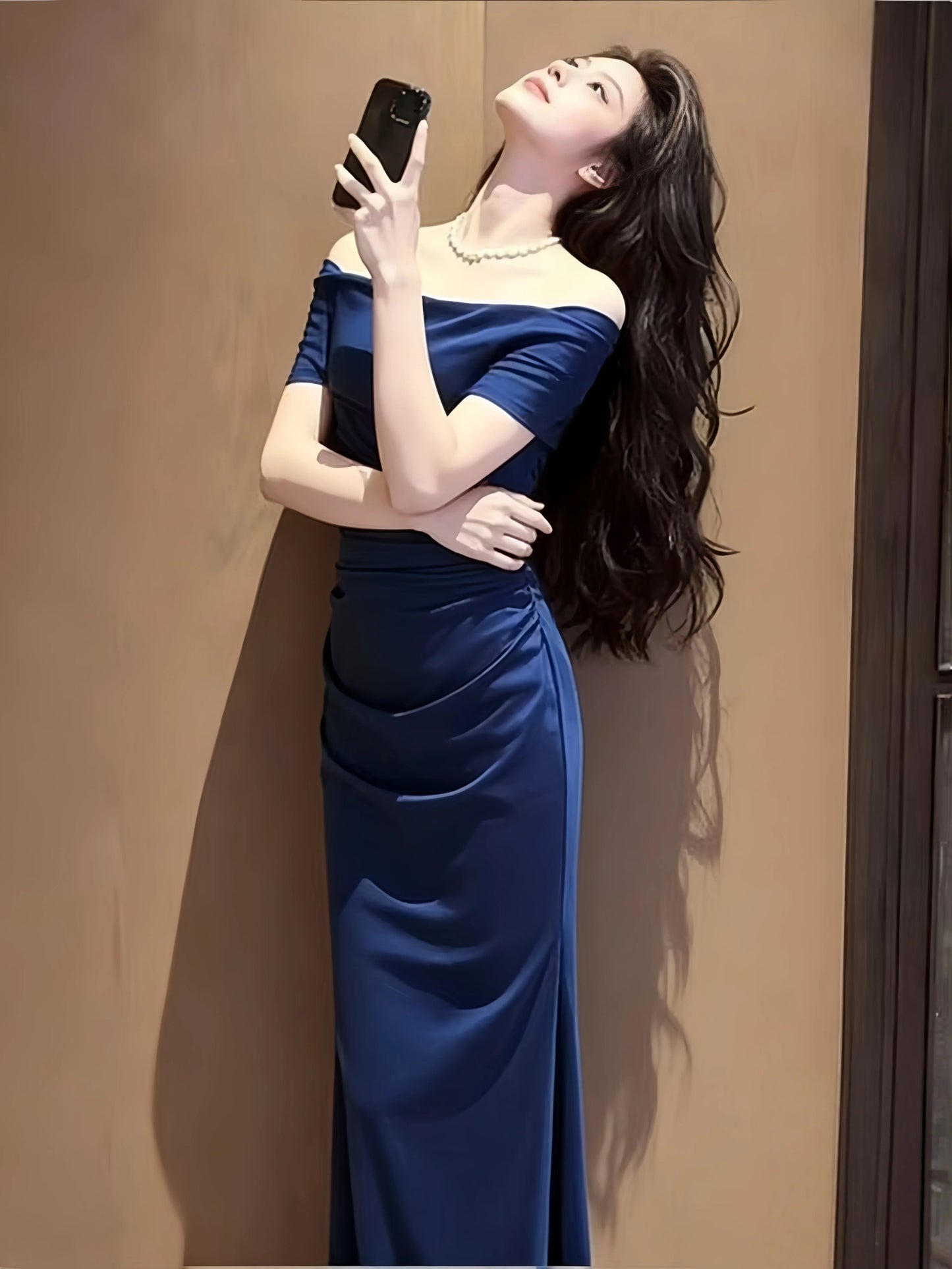 Modest Mermaid Off The Shoulder Royal Blue Satin Date Floor Length Night Evening Outfits Formal Prom Dresses RB5484