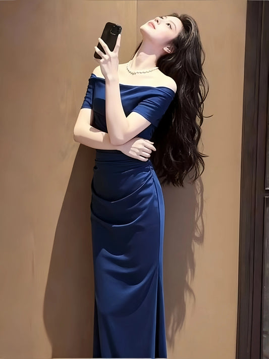 Modest Mermaid Off The Shoulder Royal Blue Satin Date Floor Length Night Evening Outfits Formal Prom Dresses RB5484