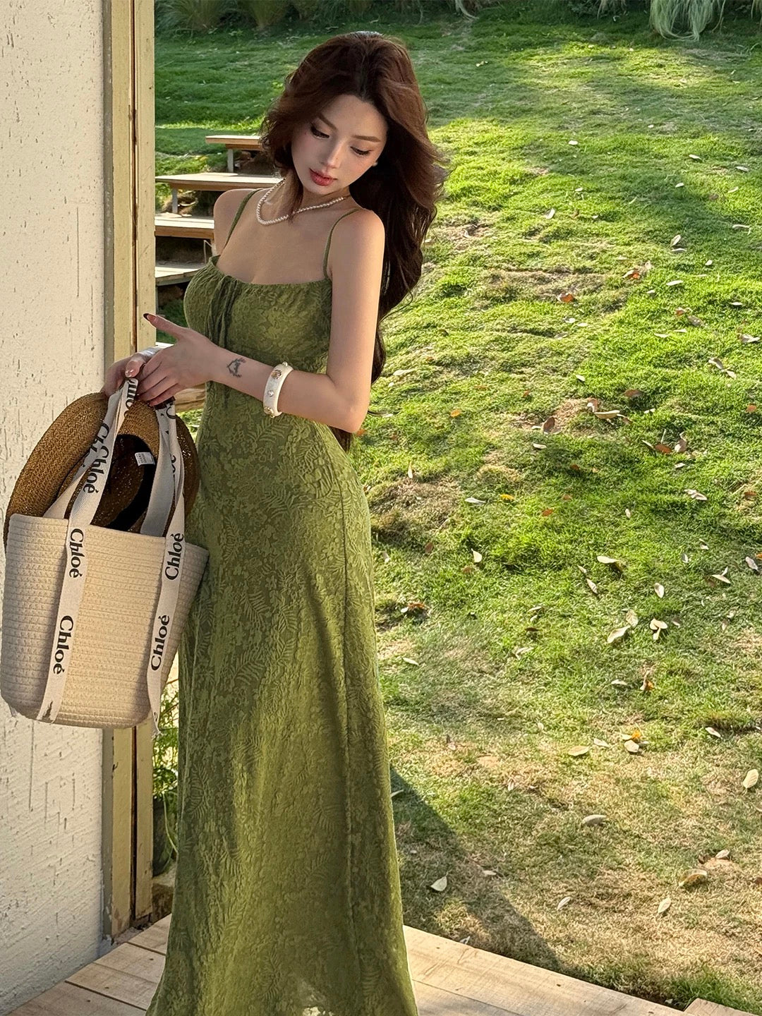 Simple A line Spaghetti Strap Green Lace Date Floor Length Night Evening Outfit Formal Prom Dresses RB5485