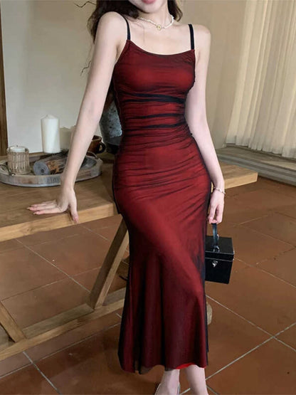Simple Mermaid Spaghetti Strap Black Tulle Red Date Mid Length Night Evening Outfits Formal Prom Dresses RB5486