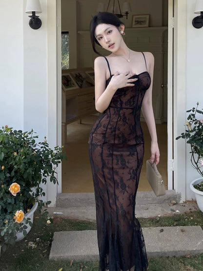 Modest Mermaid Spaghetti Strap Black With Lace Date Floor Length Night Evening Outfit Formal Prom Dresses RB5466