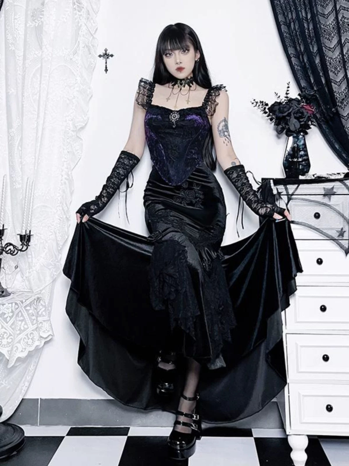 Simple Mermaid 2 Pieces Black Lace Date Floor Length Night Evening Outfits Formal Prom Dresses RB5487
