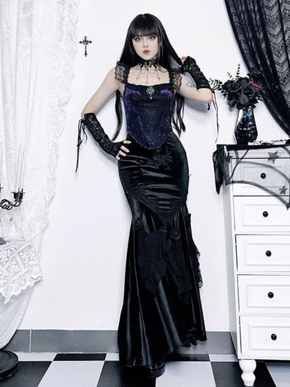 Simple Mermaid 2 Pieces Black Lace Date Floor Length Night Evening Outfits Formal Prom Dresses RB5487