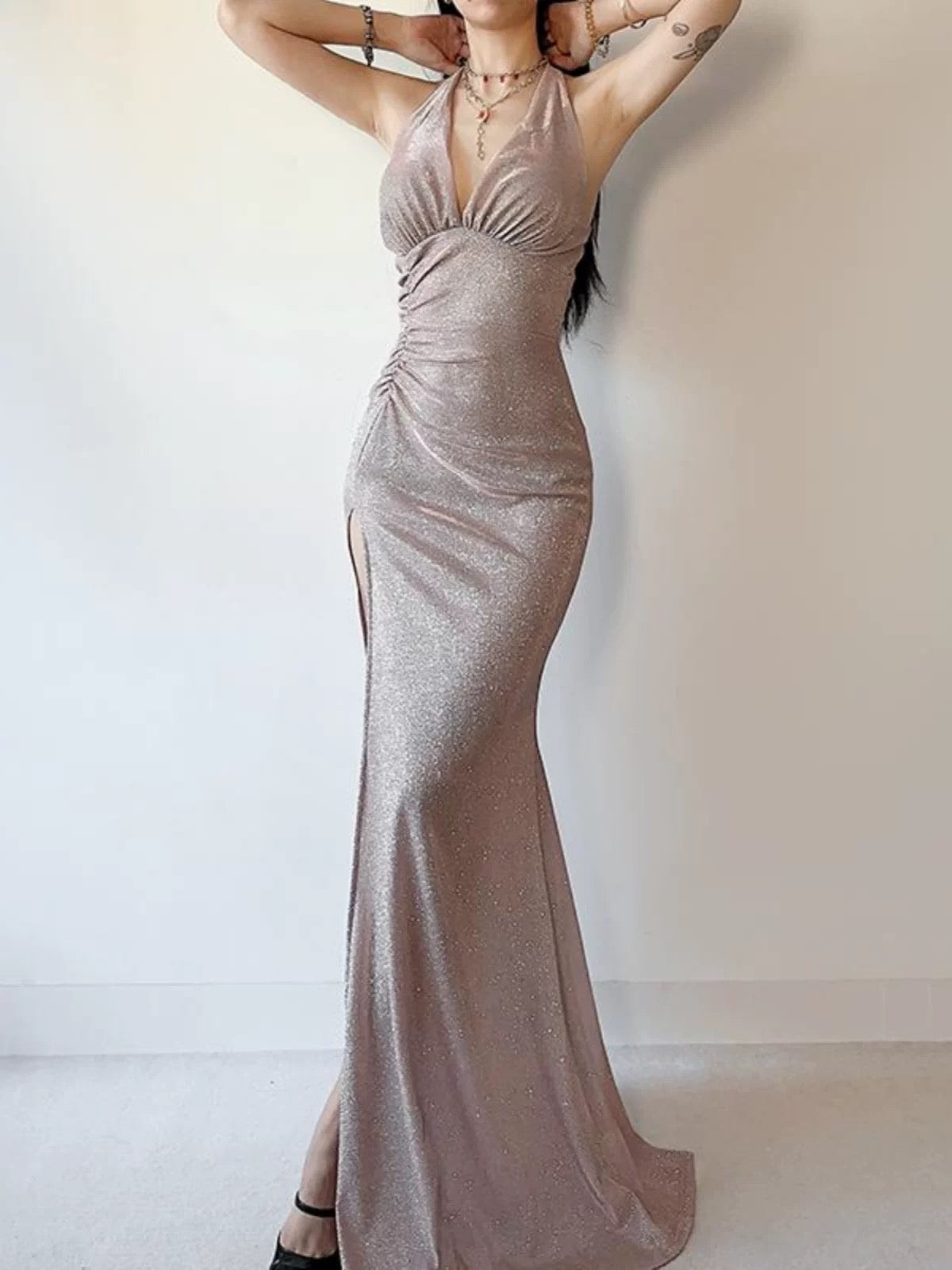 Sparkly Mermaid Halter Royal Blue Sequined With Slit Date Long Night Birthday Outfit Formal Prom Dresses RB5489