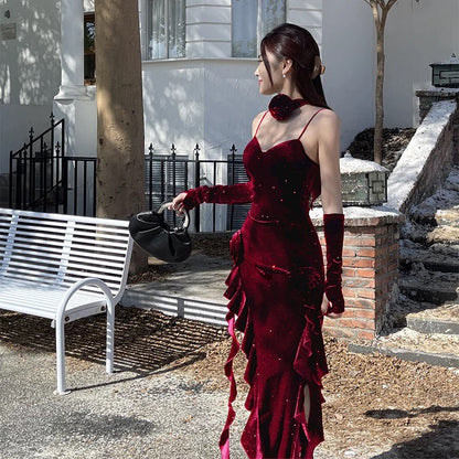 Stunning Mermaid Spaghetti Strap Black Velvet Date With Ruffled Night Evening Outfit Formal Prom Dresses RB5490