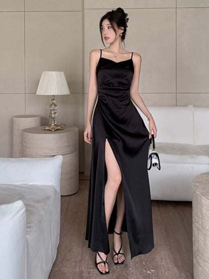 Simple Mermaid Spaghetti Strap Black Satin Long Date Night Outfits Semi Formal Prom Wedding Guest Dresses RB5435