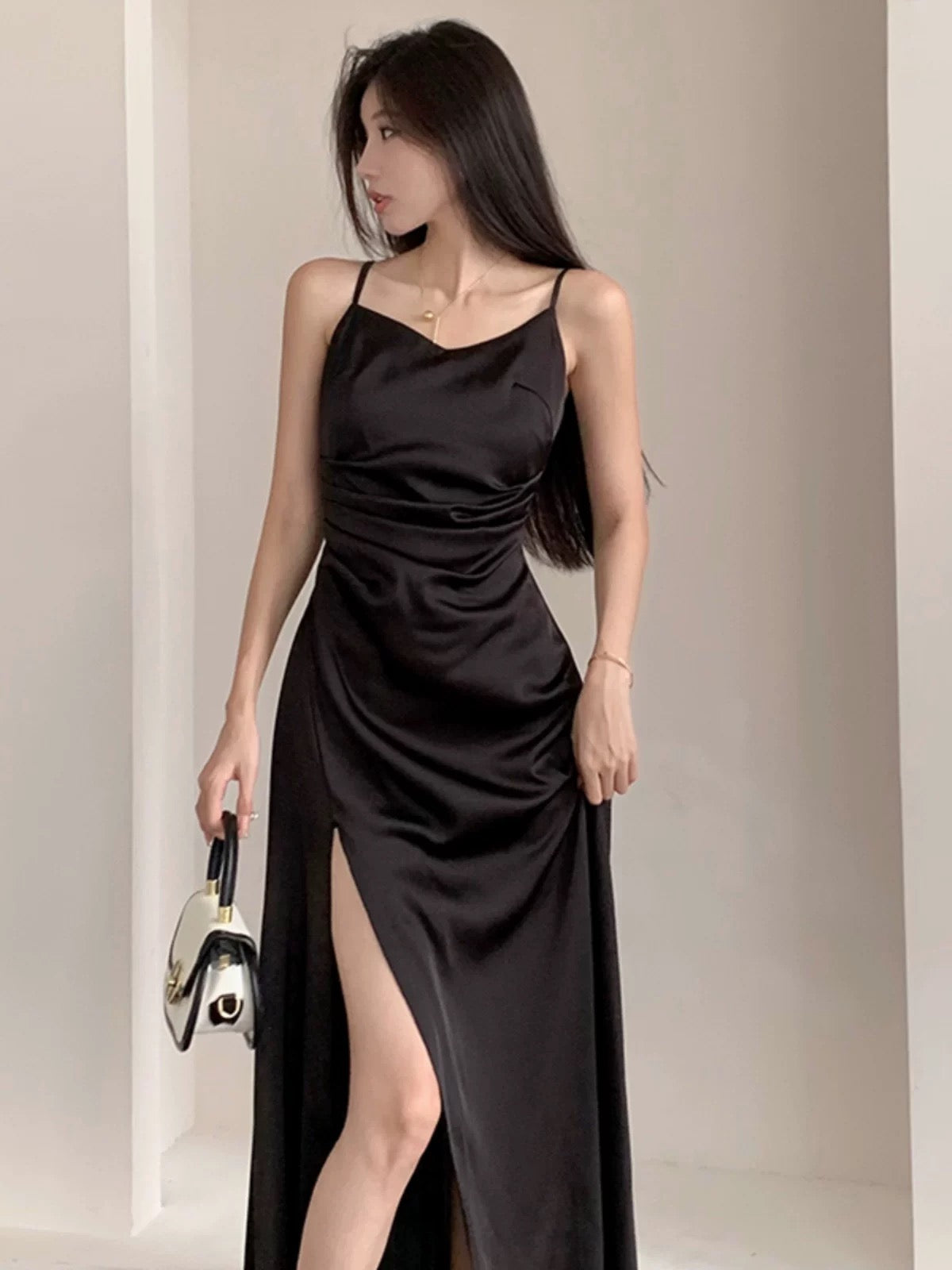 Simple Mermaid Spaghetti Strap Black Satin Long Date Night Outfits Semi Formal Prom Wedding Guest Dresses RB5435