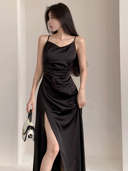 Simple Mermaid Spaghetti Strap Black Satin Long Date Night Outfits Semi Formal Prom Wedding Guest Dresses RB5435