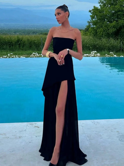 Simple A Line Strapless Black Chiffon With Ruffle Slit Date Floor Length Night 18th Birthday Outfit Formal Prom Dresses RB5492