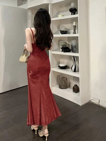 Simple Mermaid Spaghetti Strap Sequin Red Date Floor Length Night Evening Outfit Formal Prom Dresses RB5497