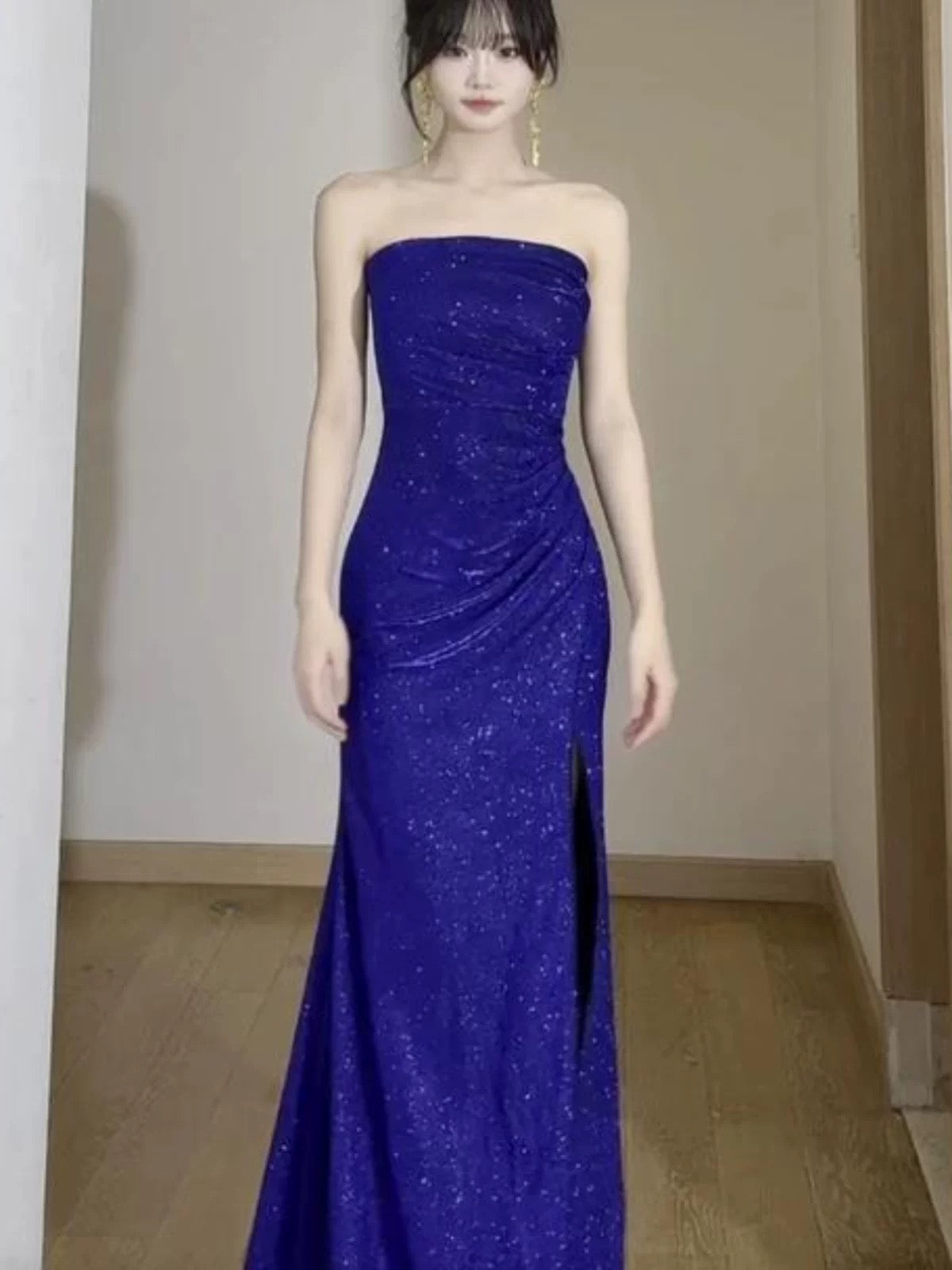 Simple Mermaid Strapless Royal Blue Sequin Slit Date Floor Length Night Evening Outfit Formal Prom Dresses RB5496