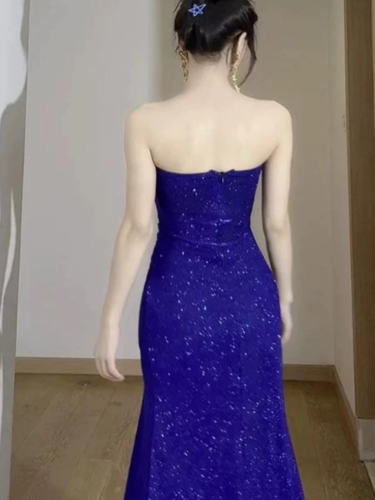 Simple Mermaid Strapless Royal Blue Sequin Slit Date Floor Length Night Evening Outfit Formal Prom Dresses RB5496