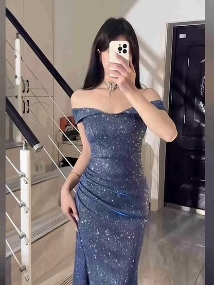 Glitter Mermaid Off The Shoulder Blue Sequined With Slit Long Date Night Outfits Semi Formal Wedding Guest Dresses RB5495