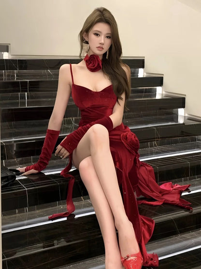 Modest Mermaid Spaghetti Strap Burgundy High Low Beach Holiday Outfits Date Night 19th Birthday Outfit Formal Dresses RB5739