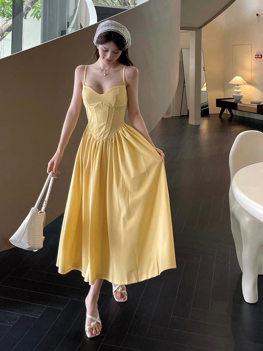 Modest A line Spaghetti Strap Yellow Midi Length Beach Holiday Outfits Date Night 19th Birthday Outfit Formal Dresses RB5740