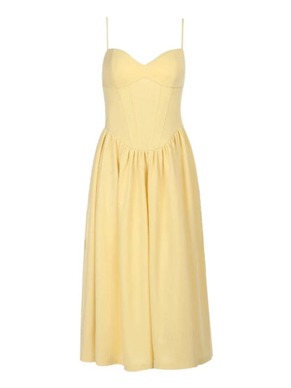 Modest A line Spaghetti Strap Yellow Midi Length Beach Holiday Outfits Date Night 19th Birthday Outfit Formal Dresses RB5740