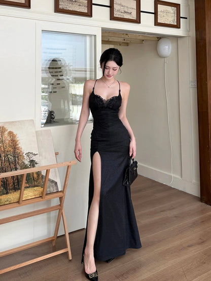 Modest Mermaid Spaghetti Strap Black Lace Beach Holiday Outfits Date Night 19th Birthday Outfit Formal Dresses RB5741