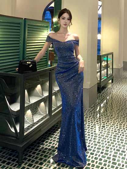 Sparkly Mermaid Off The Shoulder Navy Blue Long Slit Cruise Ship Formal Night Evening Dresses 19th Birthday Outfit RB5742