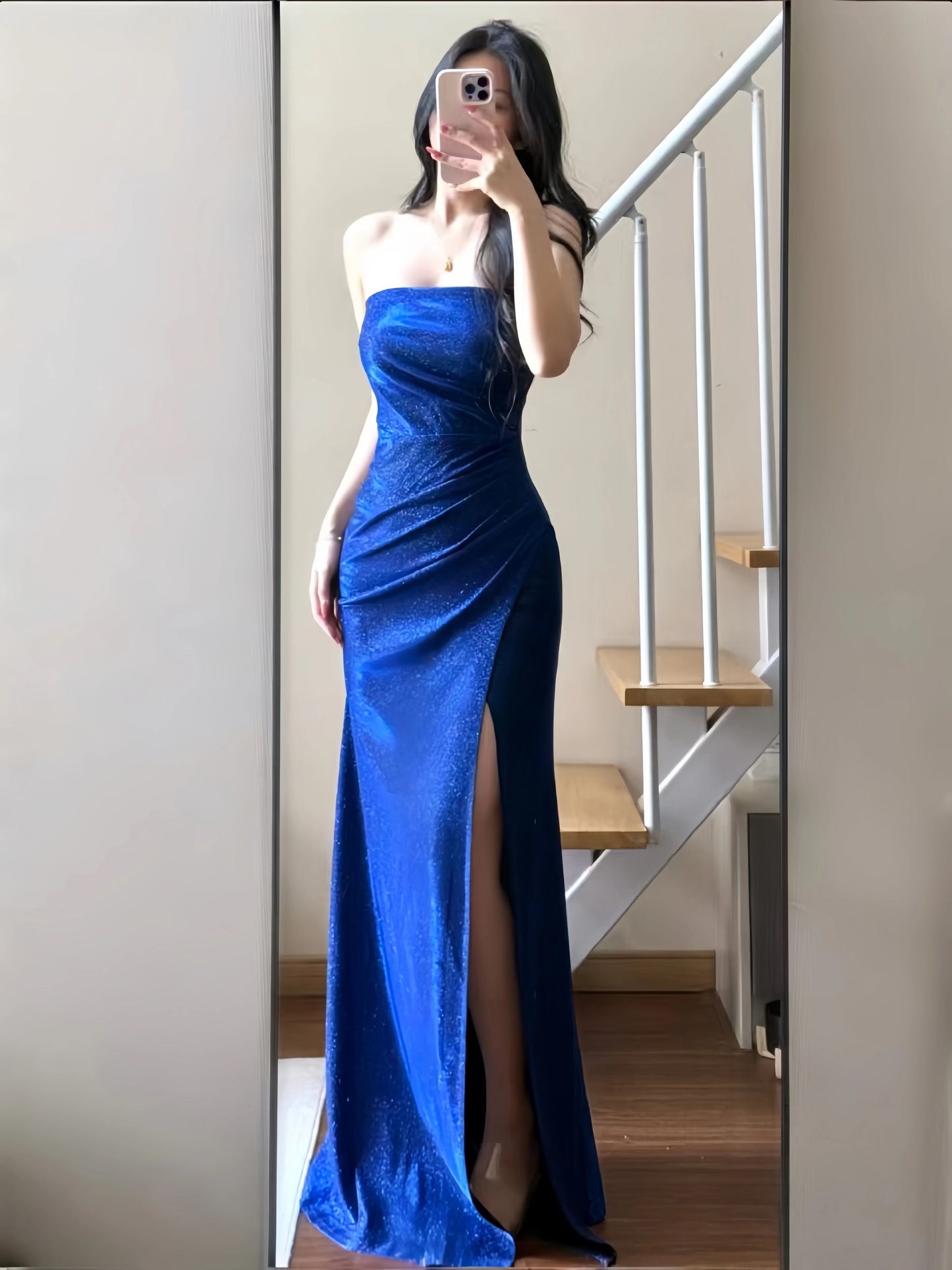 Sexy Mermaid Strapless Royal Blue Sequin Slit Long Cruise Ship Formal Night Evening Dresses 19th Birthday Outfit RB5752