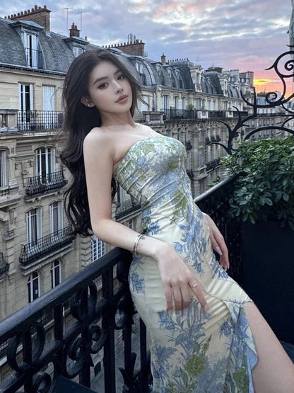 Sexy Mermaid Strapless Green Floral Slit Long Cruise Ship Formal Night Evening Dresses 19th Birthday Outfit RB5751