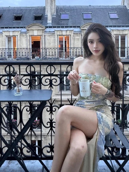 Sexy Mermaid Strapless Green Floral Slit Long Cruise Ship Formal Night Evening Dresses 19th Birthday Outfit RB5751