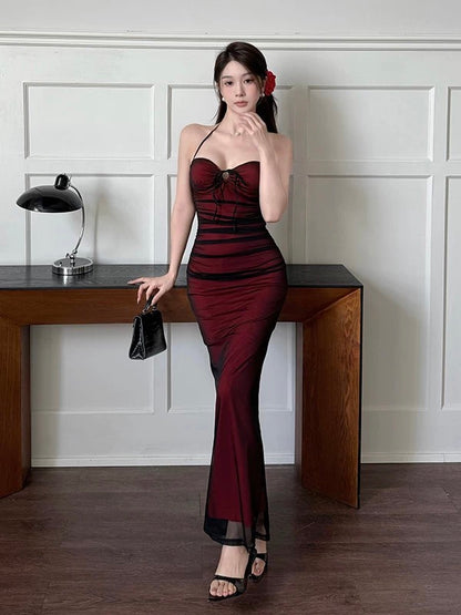 Modest Mermaid Halter Black Tulle Red Beach Holiday Outfits Date Night 19th Birthday Outfit Formal Dresses RB5747