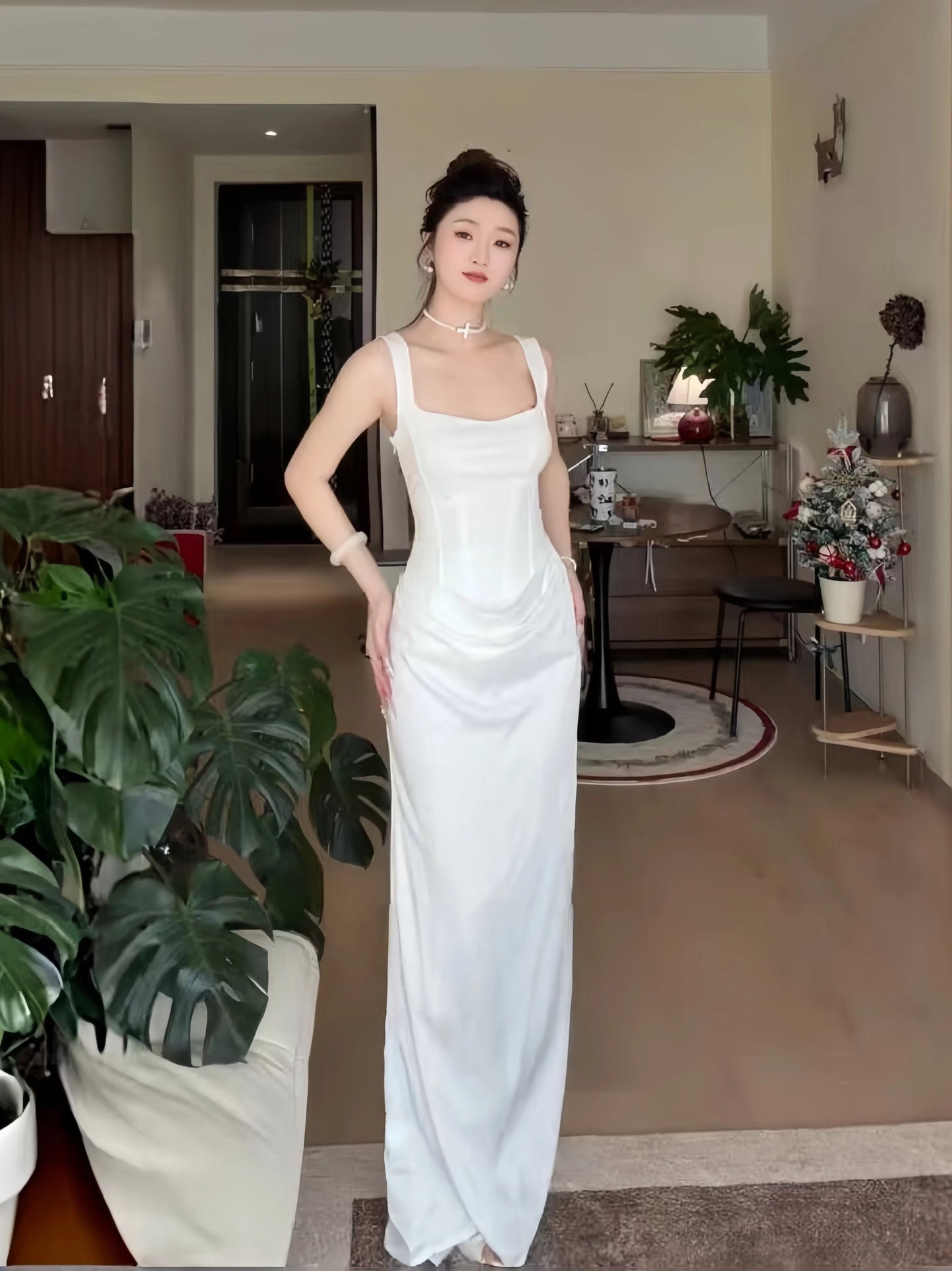 Sexy Mermaid Square Neck White Satin Long Date Night 19th Birthday Outfits Formal Prom Dresses RB5748