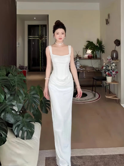 Sexy Mermaid Square Neck White Satin Long Date Night 19th Birthday Outfits Formal Prom Dresses RB5748