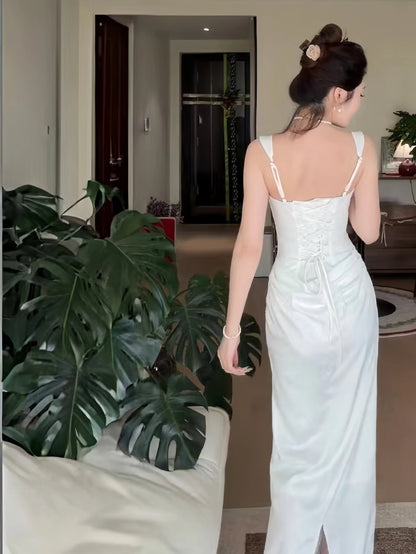 Sexy Mermaid Square Neck White Satin Long Date Night 19th Birthday Outfits Formal Prom Dresses RB5748